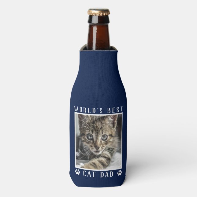 World's Best Cat Dad Paw Prints Pet Photo on Navy Bottle Cooler (Bottle Front)