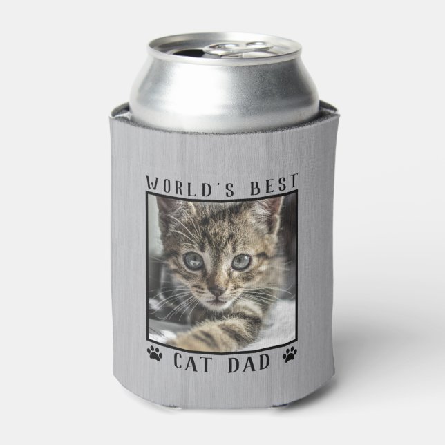 World's Best Cat Dad Paw Prints Pet Photo Rustic Can Cooler (Can Front)