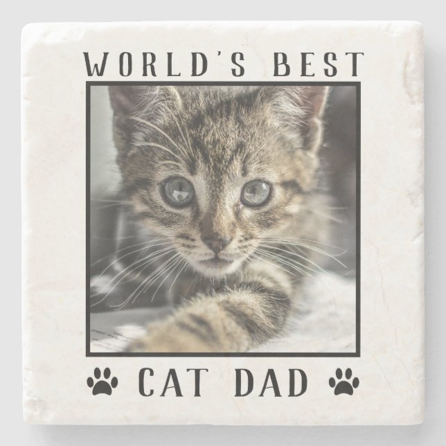 World's Best Cat Dad Paw Prints Pet Photo Stone Coaster (Front)