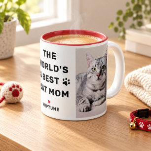 Worlds Best Cat Mum Red Photo Paw Print Two-Tone Coffee Mug