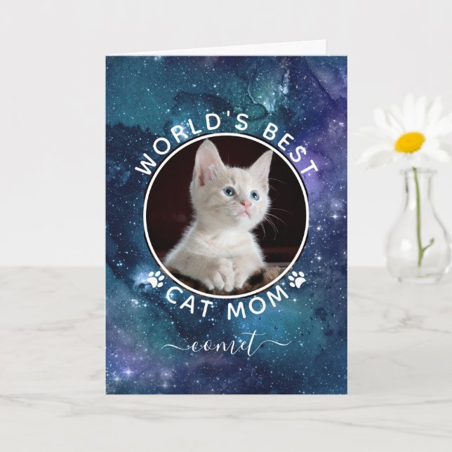World's Best Cat Mum Space Photo Custom Birthday Card (Small Plant)