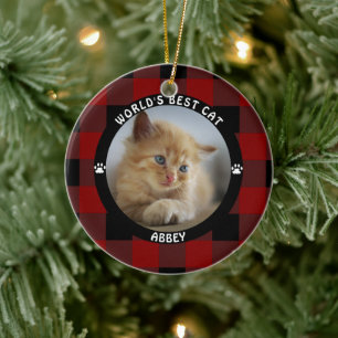 WORLDS BEST CAT Red Buffalo Check Personalised Ceramic Ornament