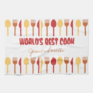 World's Best Cook Custom Name Red Orange Tea Towel