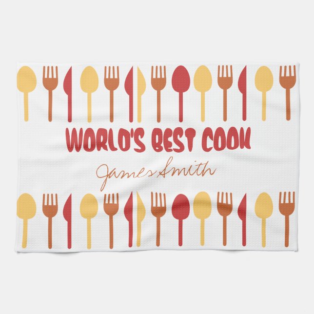 World's Best Cook Custom Name Red Orange Tea Towel (Horizontal)
