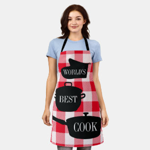 World's Best Cook Red White Gingham Check Apron