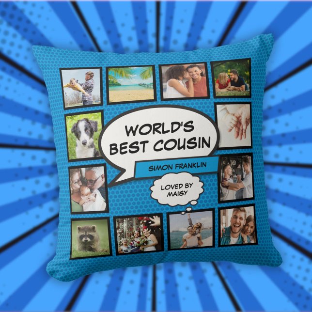 World's Best Cousin 12 Photo Collage Blue Fun Cushion (World's Best Cousin 12 Photo Collage Blue Fun Throw Pillow)