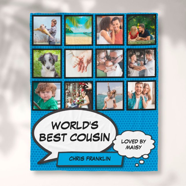 World's Best Cousin 12 Photo Comic Blue Fun Fleece Blanket (Creator Uploaded)