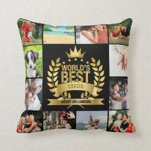 World's Best Cousin Photo Collage Gold Black Cushion