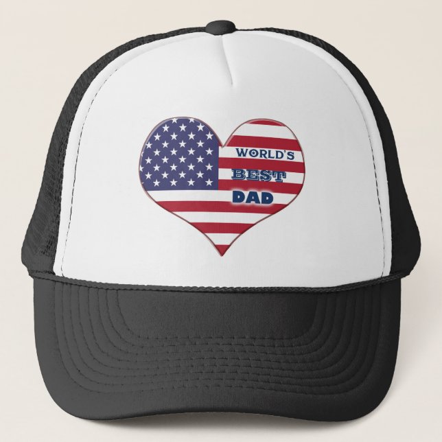 World's Best Dad American Flag Heart Trucker Hat (Front)