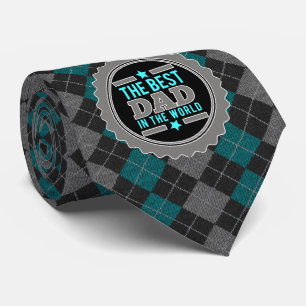 World's Best Dad Argyle Print Teal and Grey Tie
