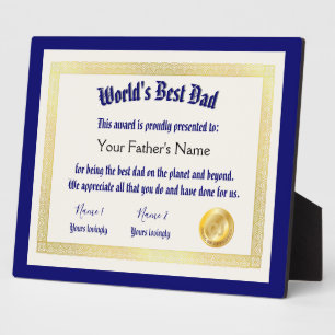 World's best dad award certificate funny  plaque