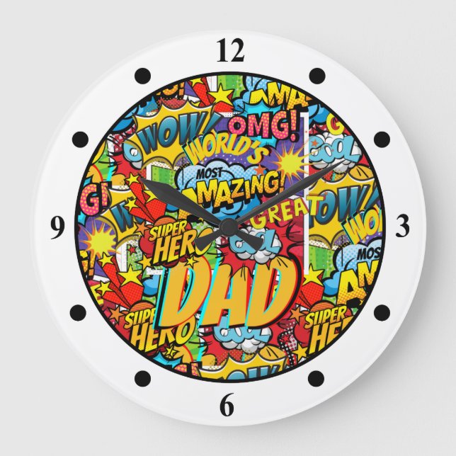 Worlds Best DAD Comic Superhero Mancave Decor Large Clock (Front)