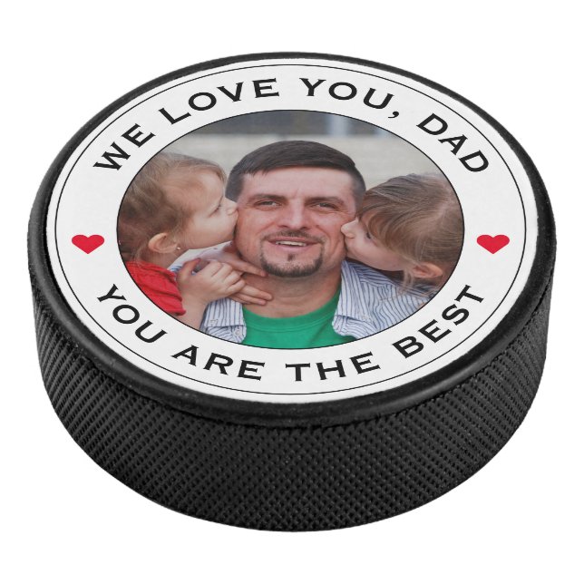 Worlds Best Dad Photo Heart Red White Black Text Hockey Puck (3/4)