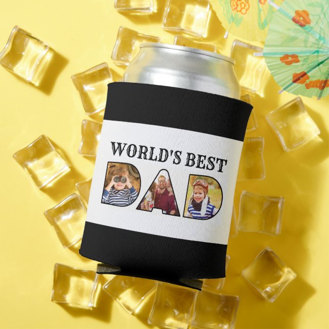 Worlds Best Dad Quote  Modern 3 Photo Collage Can Cooler (In Situ Summer)