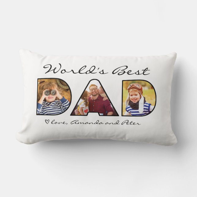 World's Best Dad Quote Modern 3 Photo Collage Lumbar Cushion (Front)