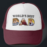 World's Best Dad Quote Modern 3 Photo Collage Trucker Hat<br><div class="desc">This modern personalised trucker hat for fathers features a three photo collage design reading "World's Best Dad". Fill in the lettering with your favourite family photos for a unique gift to your father. Designed by ©Susan Coffey.</div>