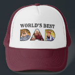 World's Best Dad Quote Modern 3 Photo Collage Trucker Hat<br><div class="desc">This modern personalised trucker hat for fathers features a three photo collage design reading "World's Best Dad". Fill in the lettering with your favourite family photos for a unique gift to your father. Designed by ©Susan Coffey.</div>