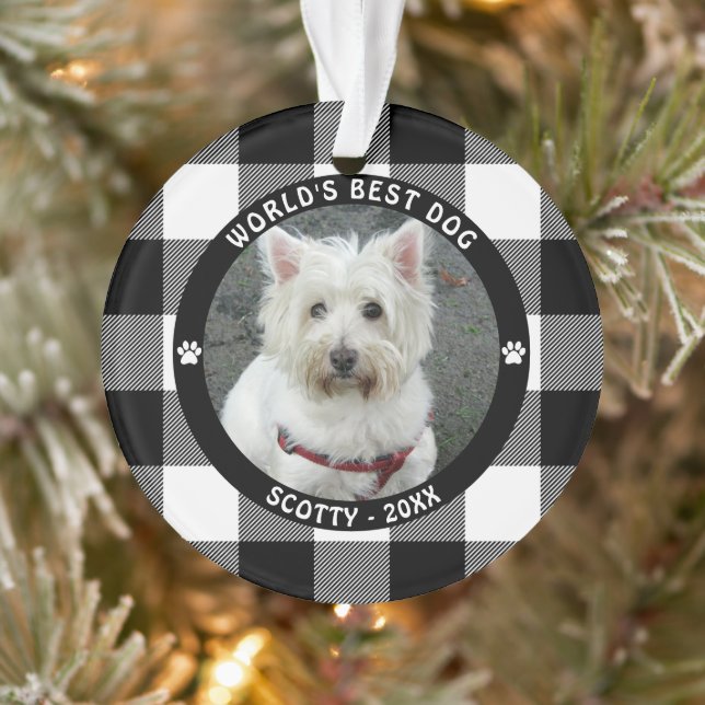 WORLD'S BEST DOG Black White Buffalo Check Name Ornament (Tree)