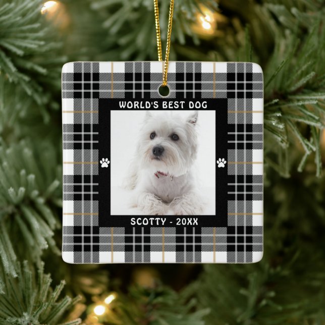 WORLD'S BEST DOG Black White Tan Plaid Ceramic Ornament (Tree)