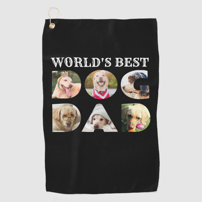 World's Best Dog Dad 6 Photo Collage Black Golf Towel (Front)