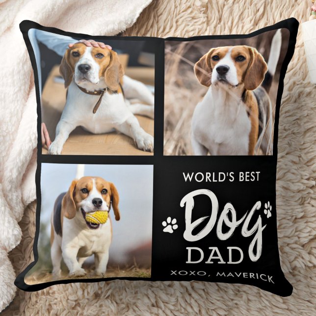 World's Best DOG DAD Custom 3 Photo Collage Cushion (Creator Uploaded)
