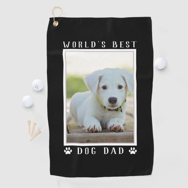 World's Best Dog Dad Paw Prints Pet Photo Black Golf Towel (Creator Uploaded)