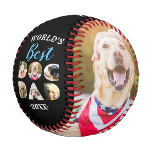 Worlds Best Dog Dad Photo Collage Black White Baseball