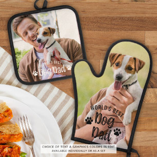 Worlds Best Dog Dad Photo Pawprints Oven Mitt & Pot Holder Set