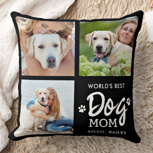 World's Best DOG MOM Custom 3 Photo Collage Cushion