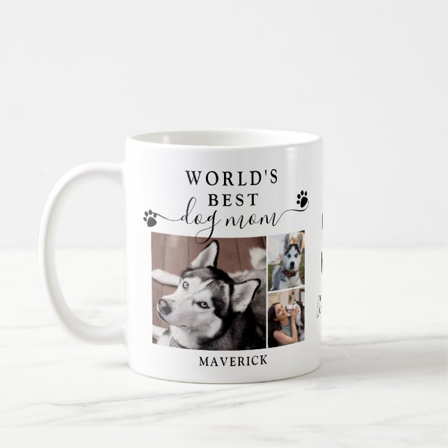 Worlds Best Dog Mom Paw Prints Monogram 3 Photos Coffee Mug (Left)
