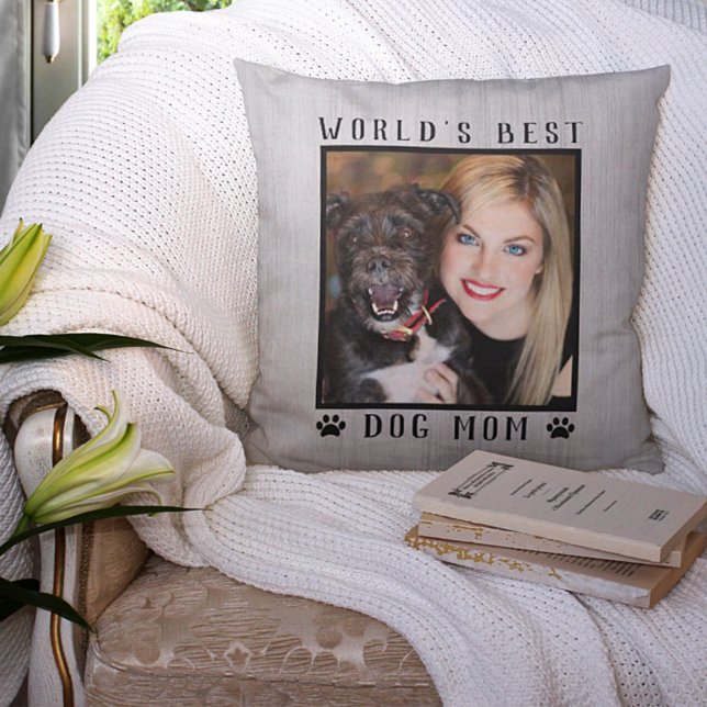 World's Best Dog Mom Paw Prints Photo Rustic Cushion (Creator Uploaded)