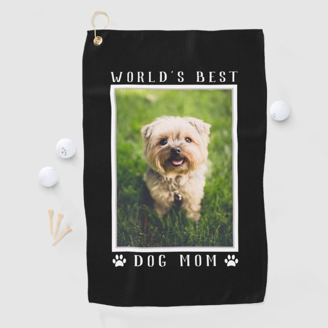 World's Best Dog Mum Paw Prints Pet Photo Black Golf Towel (Creator Uploaded)