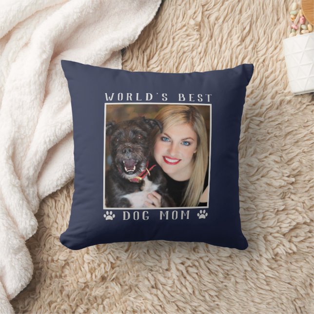 World's Best Dog Mum Paw Prints Pet Photo Navy Cushion (Blanket)