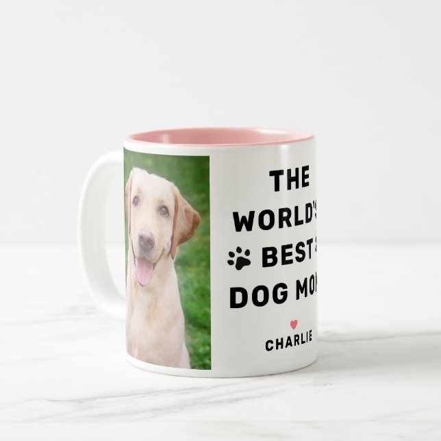 Worlds Best Dog Mum Pink Two Photo Pet Lover Two-Tone Coffee Mug (Front Left)