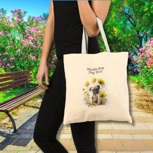 Worlds Best Dog Mum Pug Yellow Flowers Tote Bag