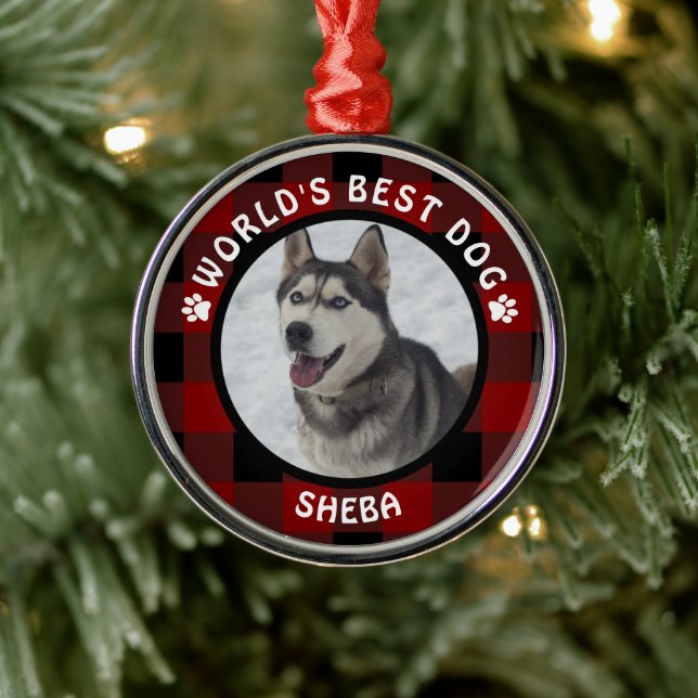 WORLDS BEST DOG Red Buffalo Check Personalised Metal Ornament (Tree)