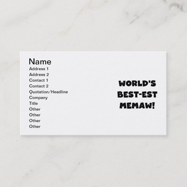 World's Best-est Memaw Black and White T-shirts Business Card (Front)