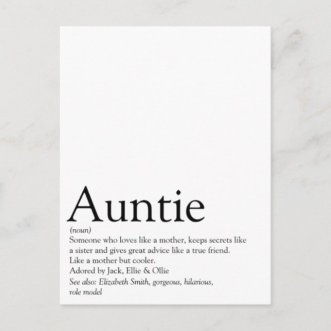 World's Best Ever Aunt, Auntie Definition Postcard (Front)