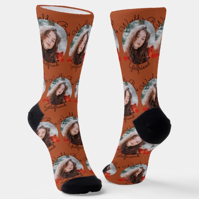 World's Best Girlfriend Terracotta - Custom photo Socks (Angled)