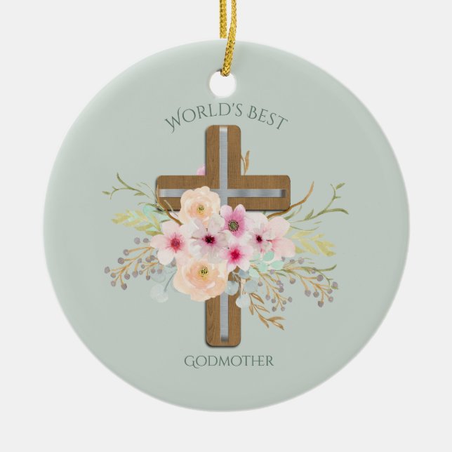 World's Best GODMOTHER Gift - Floral Cross Ceramic Ornament (Front)