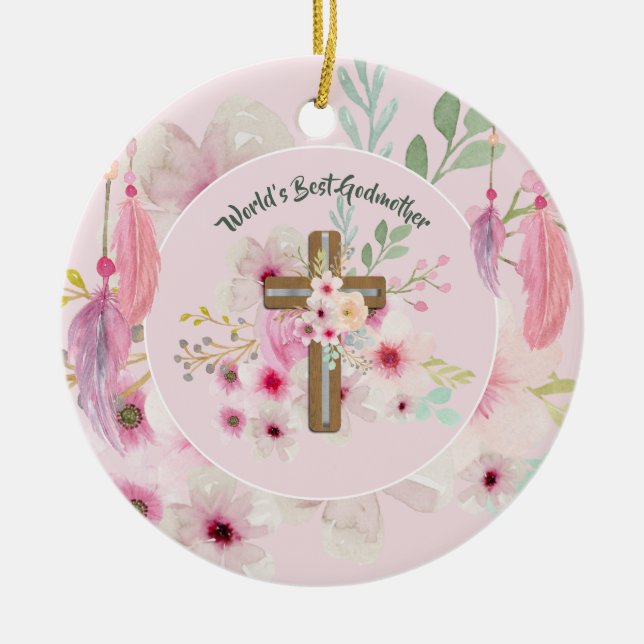 World's Best GODMOTHER POEM - Floral Cross Ceramic Ornament (Front)