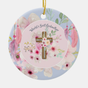World's Best GODMOTHER POEM - Floral Cross Ceramic Ornament