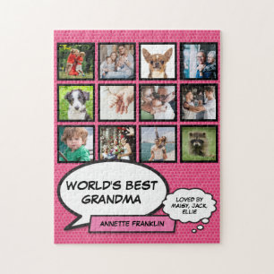 Worlds Best Grandma 12 Photo Collage Pink Fun Jigsaw Puzzle