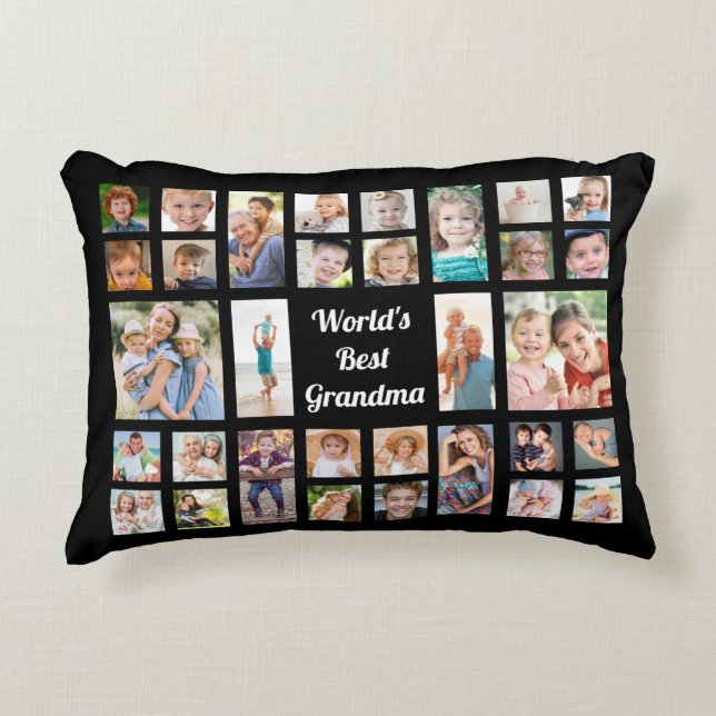World's Best Grandma 32 Family Photo Collage Black Decorative Cushion (Front)