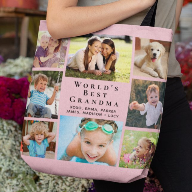 World's Best Grandma 8 Photo Collage Pink Tote Bag (Creator Uploaded)