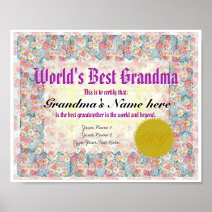 World's Best Grandma Award Certificate Print