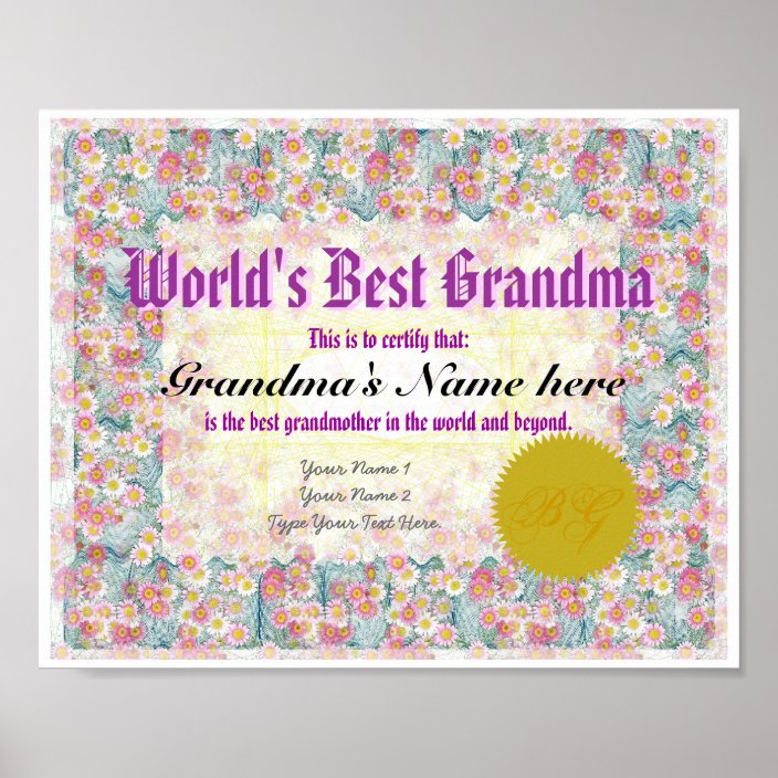 World's Best Grandma Award Certificate Print