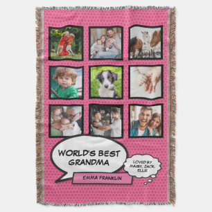 World's Best Grandma Fun Cool Pink Photo Collage Throw Blanket