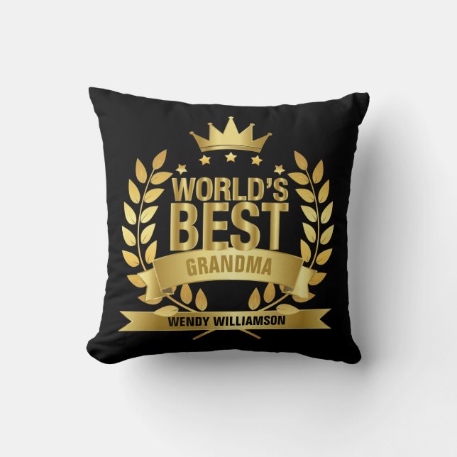World's Best Grandma Grandmother Gold Black Cushion (Front)