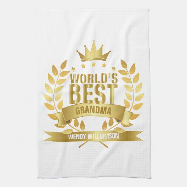 World's Best Grandma Grandmother Gold Fun Tea Towel (Vertical)
